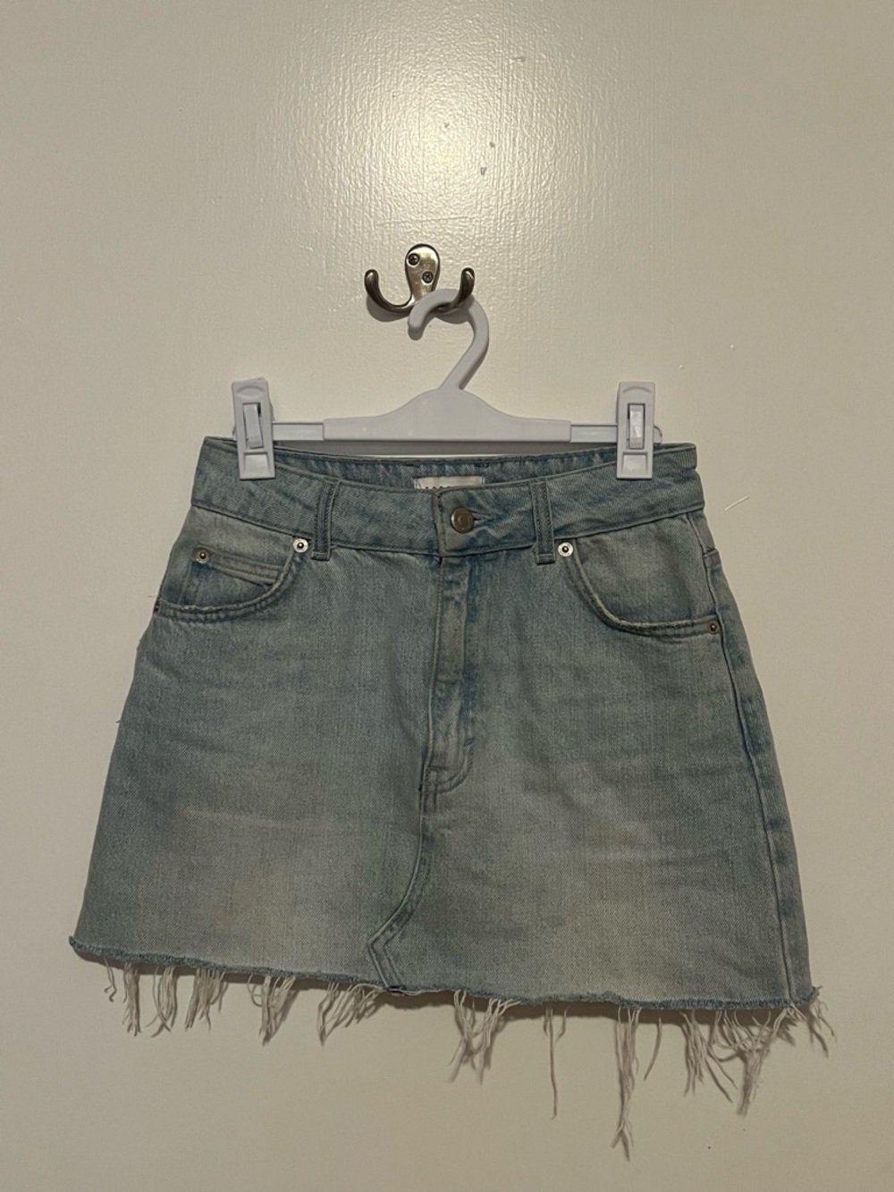 Topshop Light Wash Denim Frayed Mini Skirt